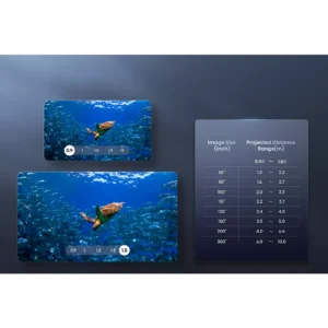 Les deux écrans, équipés du HISENSE C2 PRO, montrent une tortue nageant sous l'eau à côté d'un tableau illustrant les tailles d'image et les distances de projection.