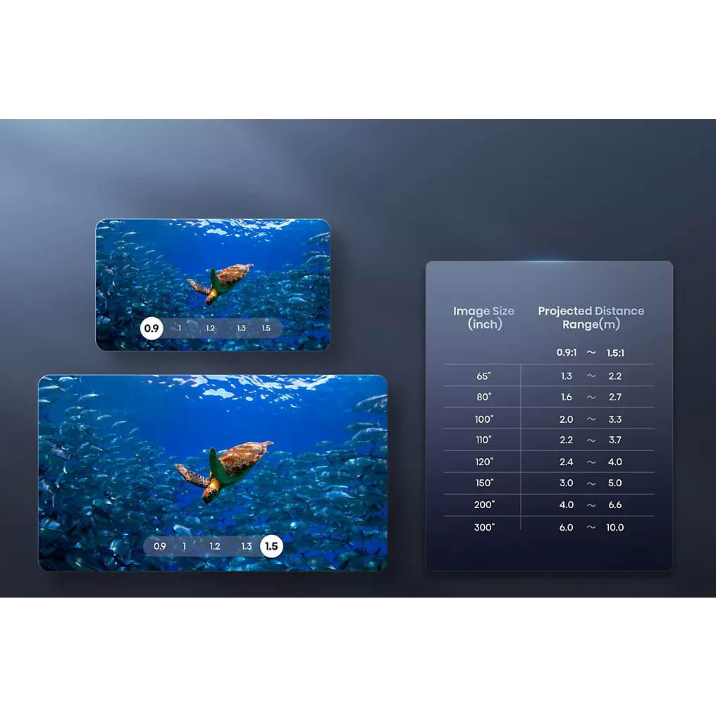 Les deux écrans, équipés du HISENSE C2 PRO, montrent une tortue nageant sous l'eau à côté d'un tableau illustrant les tailles d'image et les distances de projection.
