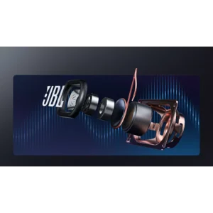 Vue éclatée des composants de l'enceinte JBL avec le logo JBL sur fond bleu, mettant en évidence la compatibilité avec HISENSE C2 PRO.