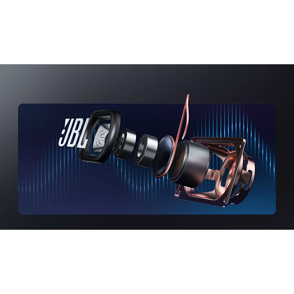 Vue éclatée des composants de l'enceinte JBL avec le logo JBL sur fond bleu, mettant en évidence la compatibilité avec HISENSE C2 PRO.