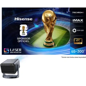 Le mini-projecteur laser HISENSE C2 PRO présente un graphique du trophée de la Coupe du Monde de la FIFA ainsi que des informations sur la taille de l'écran.