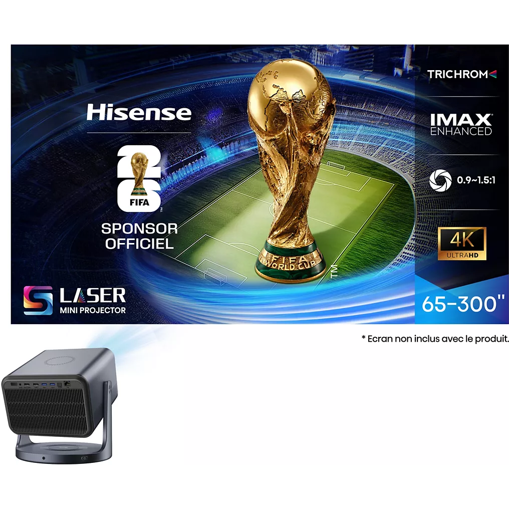 Le mini-projecteur laser HISENSE C2 PRO présente un graphique du trophée de la Coupe du Monde de la FIFA ainsi que des informations sur la taille de l'écran.