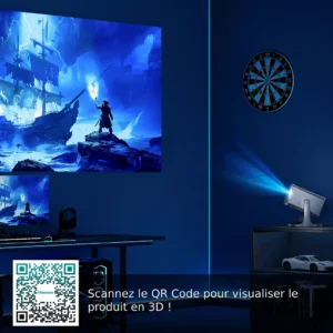 Un projecteur HISENSE C2 PRO présente une scène de bateau fantastique sur le mur bleu d'une salle de jeu moderne, avec un code QR visible.