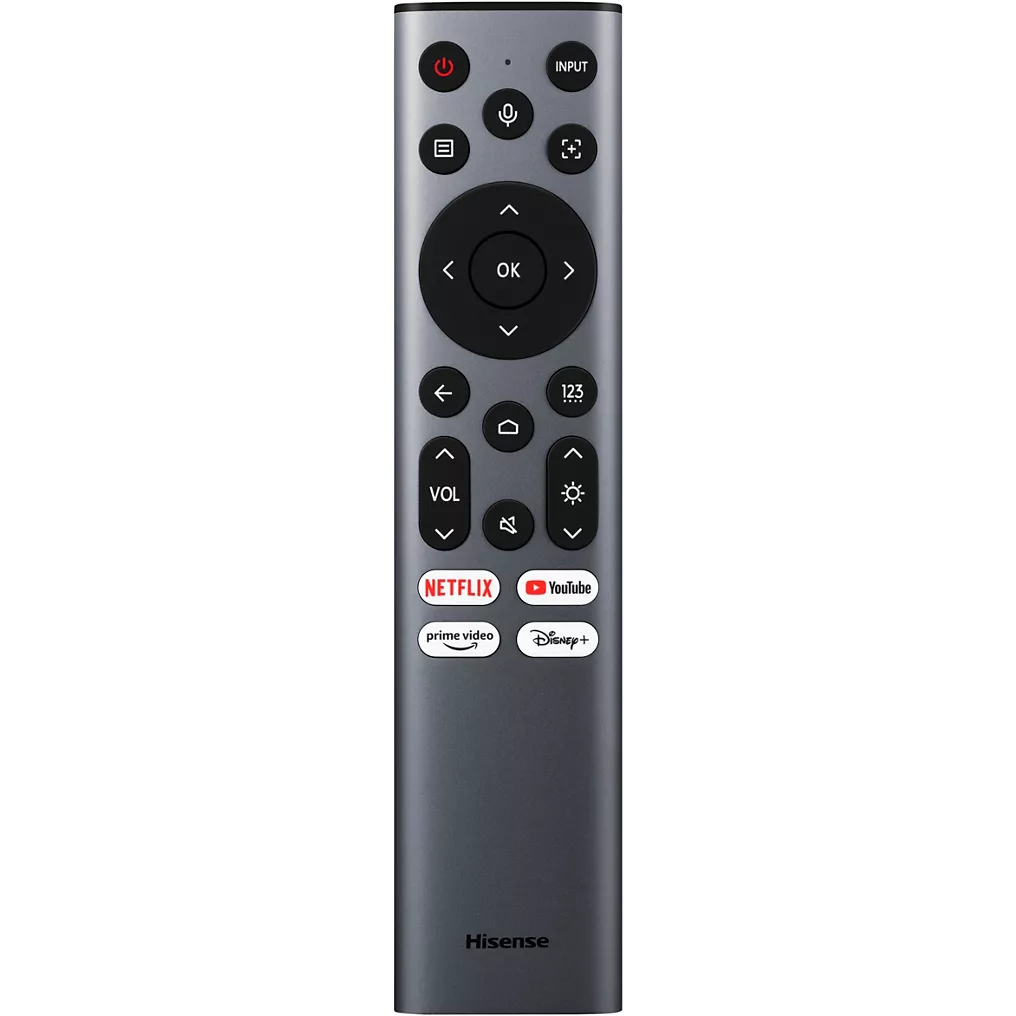 La télécommande TV C2 ULTRA de HISENSE comporte des boutons de navigation et des raccourcis pour Netflix, YouTube, Prime Video et Disney+.