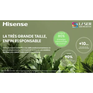 Le projecteur HISENSE C2 ULTRA se targue d'une consommation d'énergie réduite de 80 %, d'une durée de vie de plus de 10 ans et utilise des images de feuilles vertes pour mettre en valeur son expérience de visionnage ultra respectueuse de l'environnement.