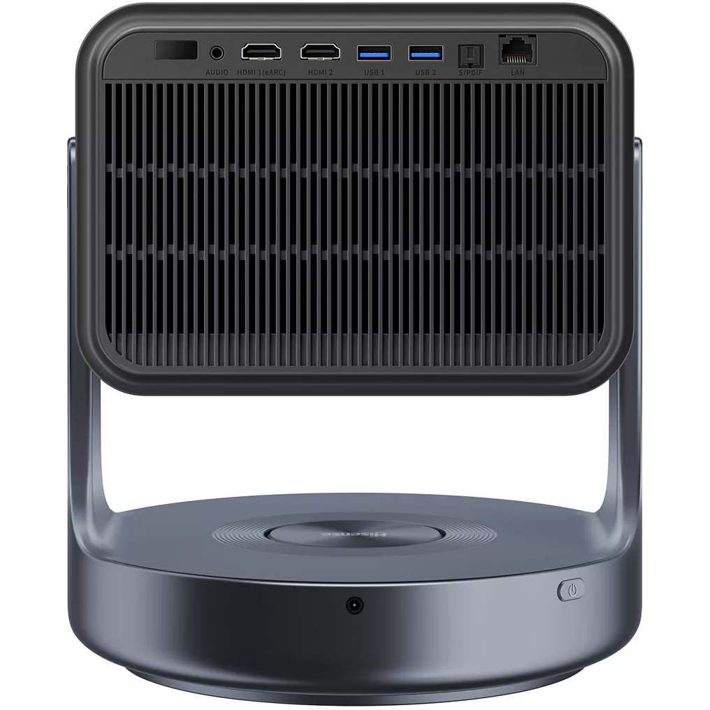 La vue arrière du mini ordinateur de bureau HISENSE C2 ULTRA montre les ports audio, HDMI, USB et LAN soigneusement disposés au-dessus de sa base circulaire élégante.