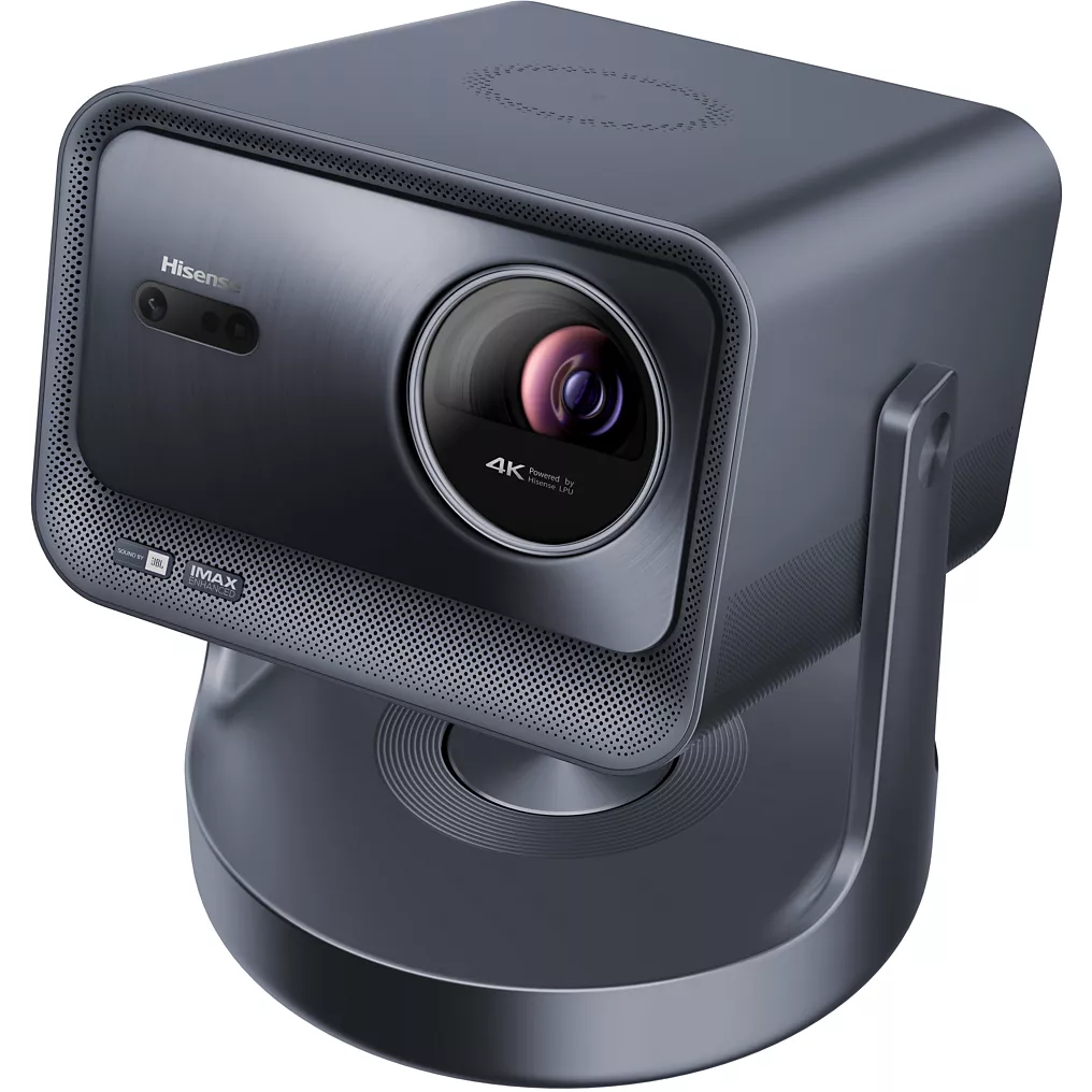 Le HISENSE C2 ULTRA est un projecteur 4K gris et élégant, doté d'un objectif et de capteurs, élégamment placé sur un support circulaire.