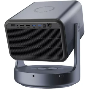 Le HISENSE C2 ULTRA est un projecteur élégant, de forme cubique, doté de plusieurs ports arrière et d'une base ronde et inclinable pour un positionnement flexible.