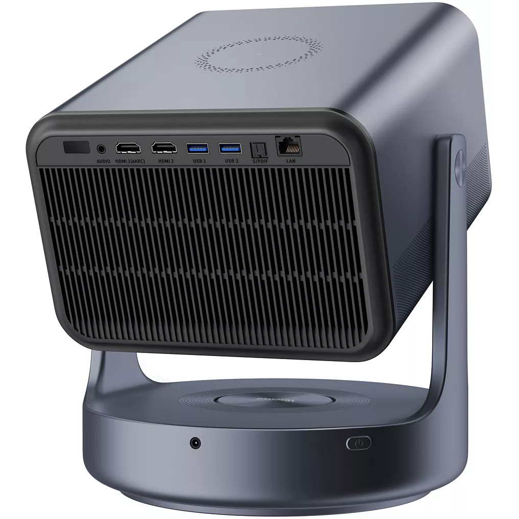 Le HISENSE C2 ULTRA est un projecteur élégant, de forme cubique, doté de plusieurs ports arrière et d'une base ronde et inclinable pour un positionnement flexible.