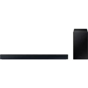 La barre de son SAMSUNG HW-C450 est composée d'une barre de son noire élégante et d'un subwoofer noir assorti, sur fond blanc.