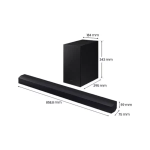 La barre de son et le caisson de basse SAMSUNG HW-C450 black sont affichés avec leurs dimensions en millimètres indiquées à côté de chaque appareil.