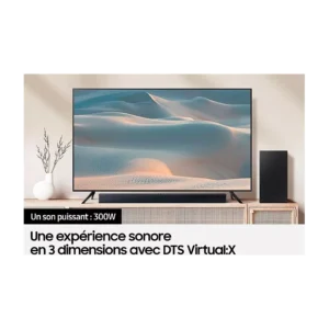 Un téléviseur sur un support en bois affiche une scène désertique, avec la barre de son et le haut-parleur SAMSUNG HW-C450 en dessous ; un texte en français décrit une expérience audio immersive en 3D.