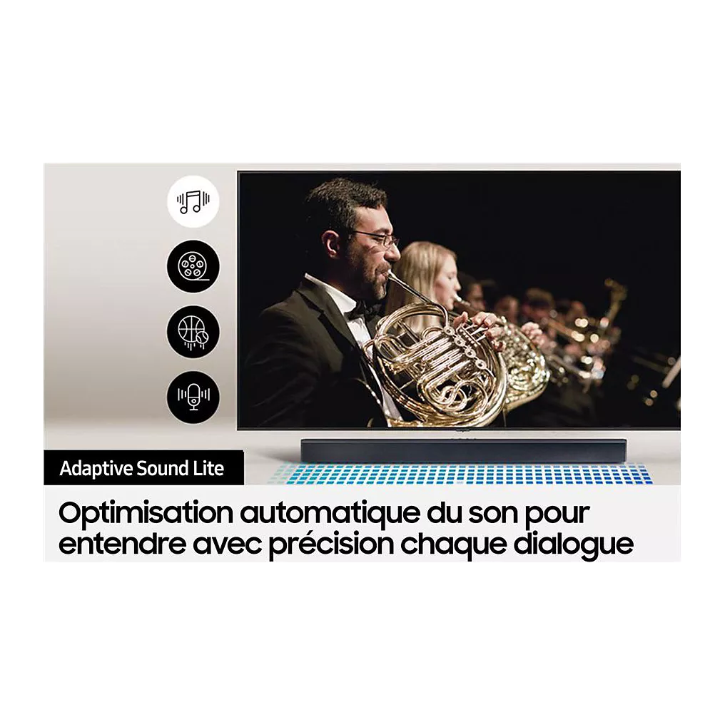 Un téléviseur affiche un orchestre alors que le texte en français met en évidence l'optimisation automatique du son pour des dialogues clairs avec le SAMSUNG HW-C450, améliorant ainsi votre expérience de cinéma à domicile.