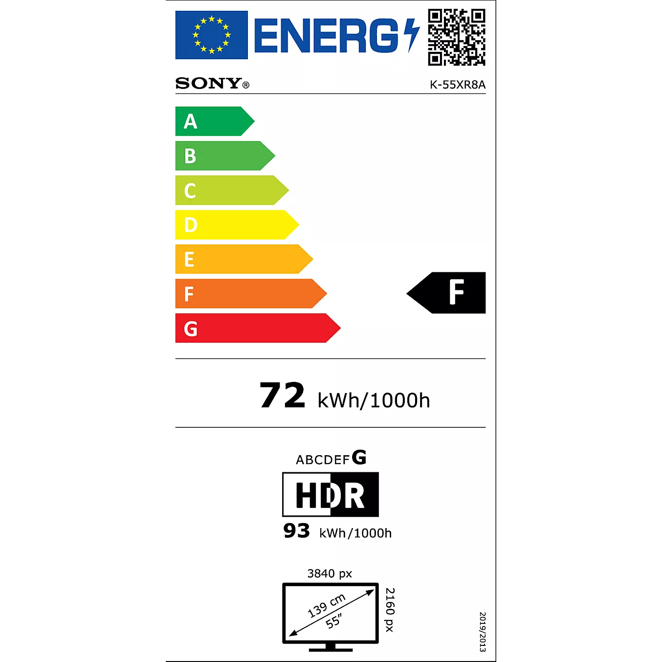 Étiquette énergétique européenne du SONY K-65XR8A BRAVIA 8A (Copie) : classe F, 72 kWh/1 000 h (HDR : 93 kWh/1 000 h), 55 pouces, 3 840 x 2 160 pixels.