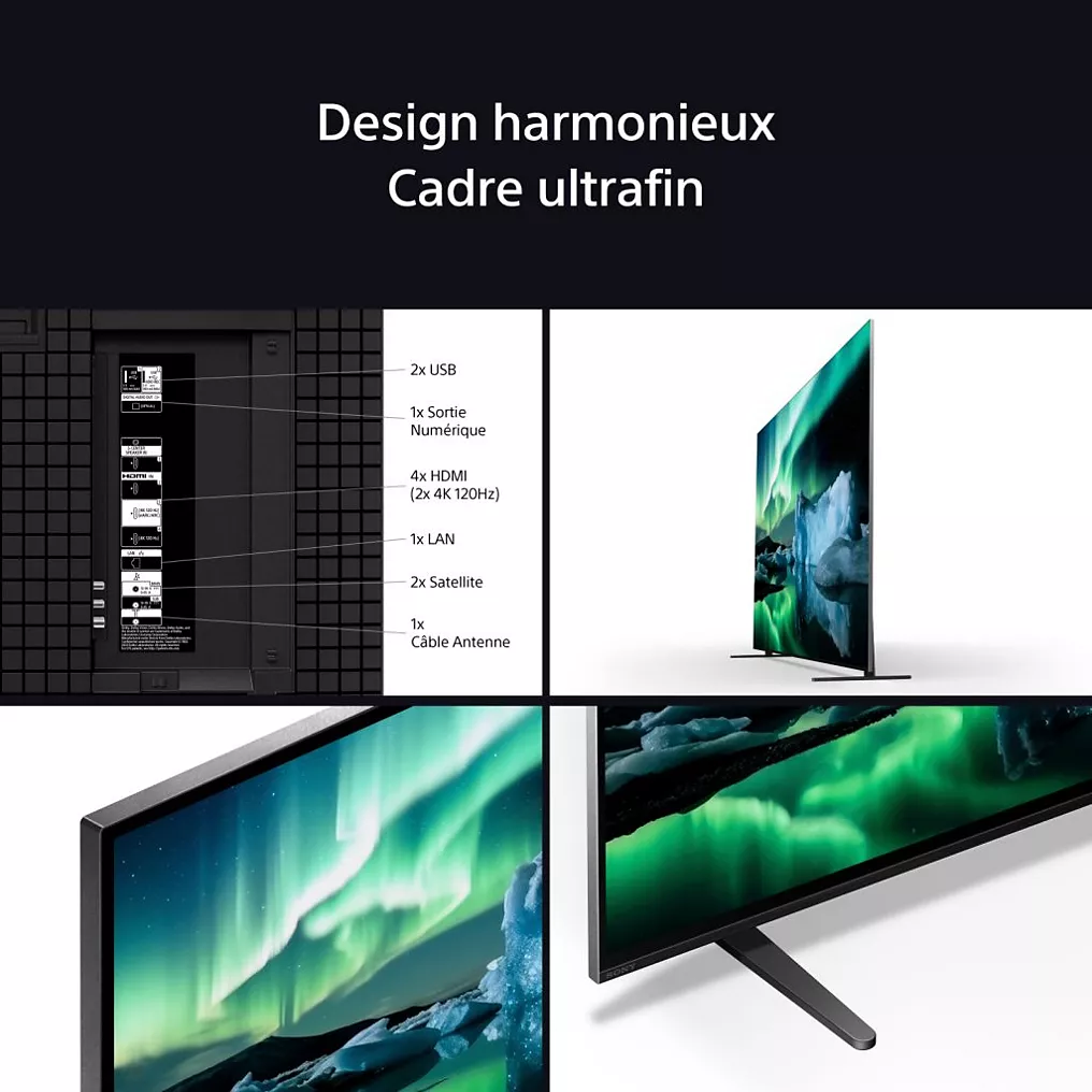 Téléviseur SONY K-77XR8A BRAVIA 8A (Copie) à cadre fin avec de multiples ports, affichant des aurores boréales fascinantes sur l'écran et étiqueté en français.