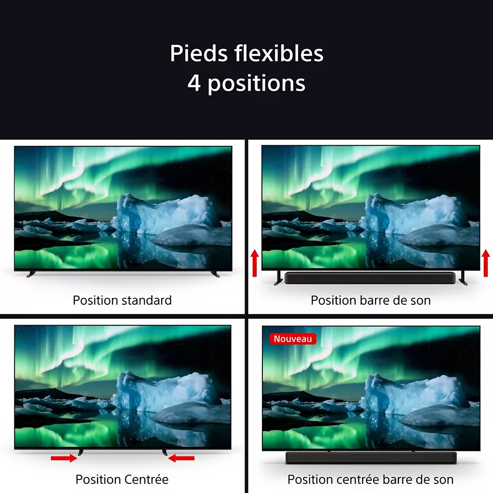 Quatre téléviseurs SONY, dont le SONY K-77XR8A BRAVIA 8A (Copie), affichent le même écran, chacun mettant en évidence différentes positions des pieds pour diverses dispositions de supports.