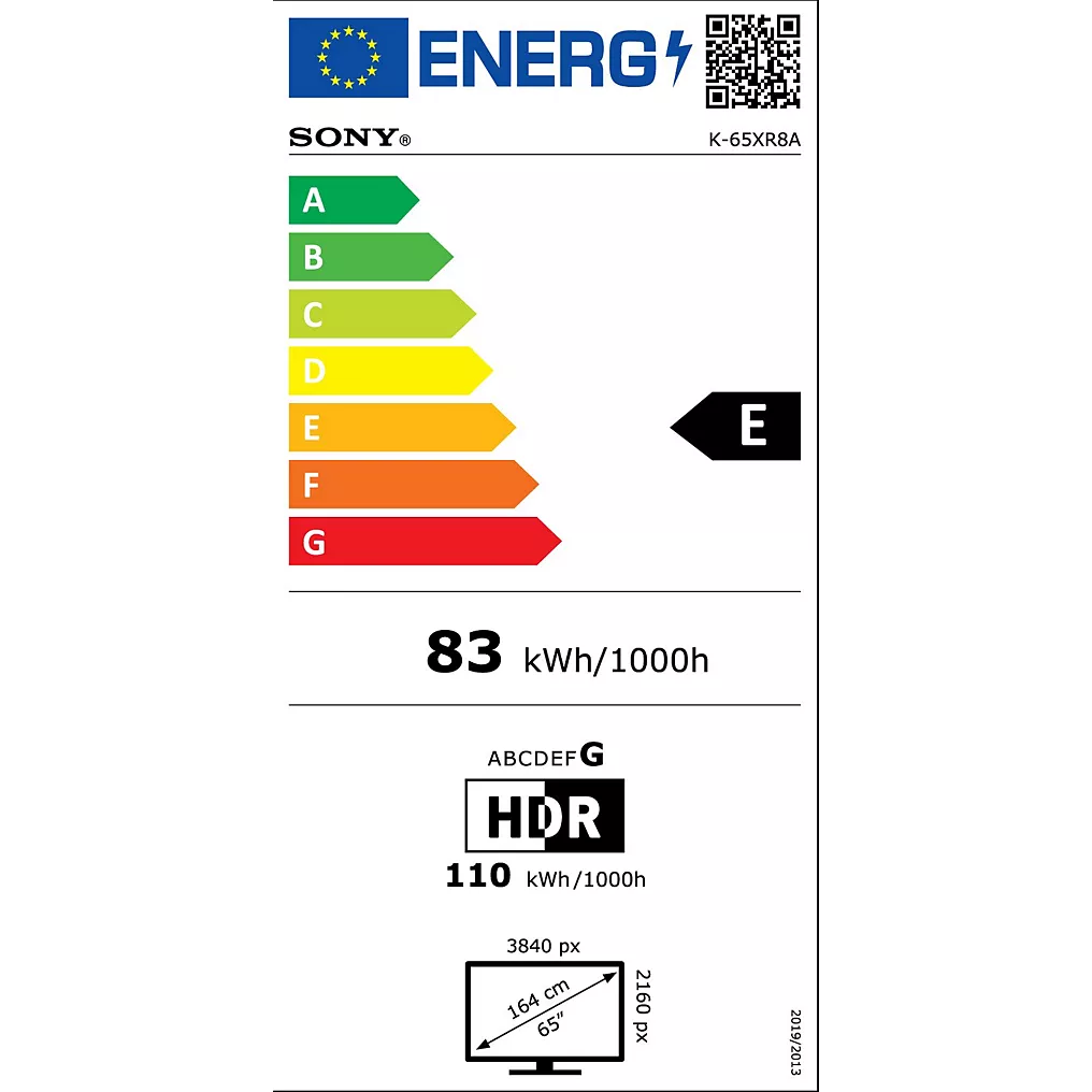 Etiquette énergie pour SONY K-77XR8A BRAVIA 8A (Copie) : classé E, 83 kWh/1000h, résolution 3840x2160, écran 164 cm, HDR inclus.