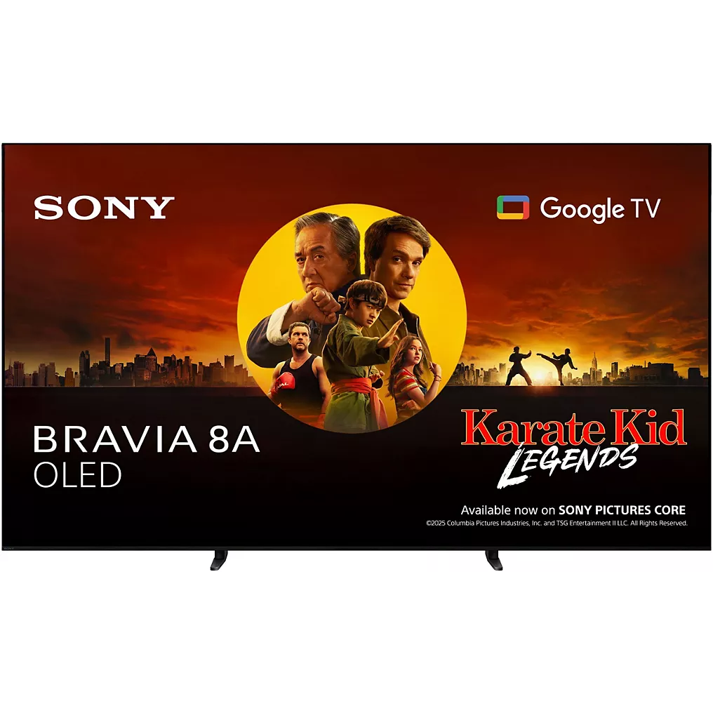 Le téléviseur SONY K-77XR8A BRAVIA 8A (Copie) OLED TV affiche une promotion de Karate Kid Legends, mettant en valeur Google TV et la marque SONY K-77XR8A BRAVIA 8A.