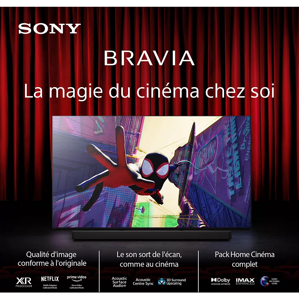 Un téléviseur SONY K-77XR8A BRAVIA 8A affiche une scène animée de Spider-Man avec le texte "La magie du cinéma chez soi".