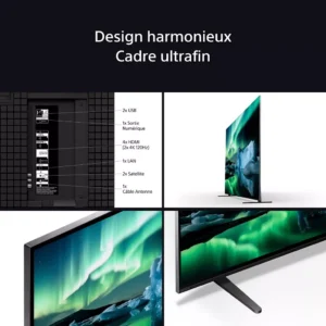 Téléviseur SONY K-77XR8A BRAVIA 8A élégant avec un cadre fin, de nombreux ports et un écran BRAVIA vibrant montrant des aurores boréales ; caractéristiques en français.