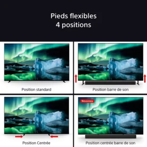 Le téléviseur SONY K-77XR8A BRAVIA 8A offre des pieds flexibles dans quatre positions - standard, barre de son, centrée et nouvelle barre de son centrée - pour des options de placement polyvalentes dans votre installation.