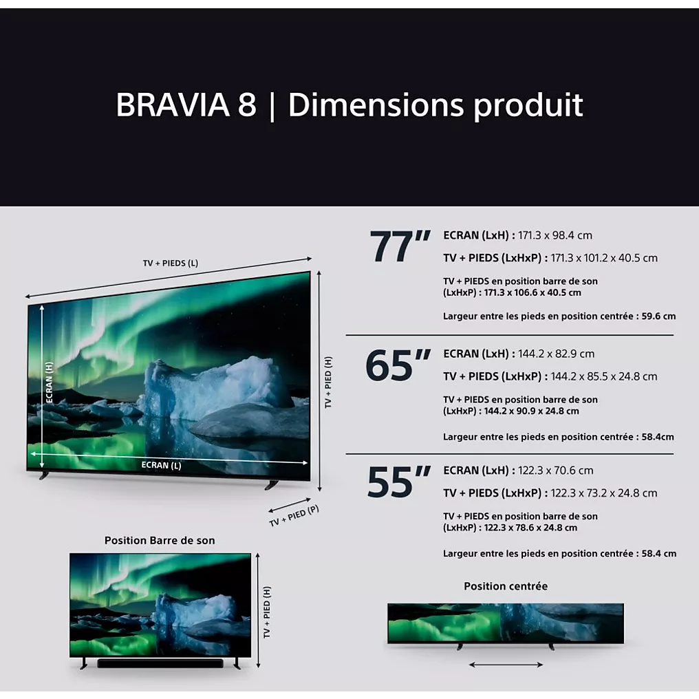 Schéma illustrant le téléviseur SONY K-77XR8A BRAVIA 8A dans les tailles 77", 65" et 55", y compris les dimensions détaillées et les informations sur le placement du support.
