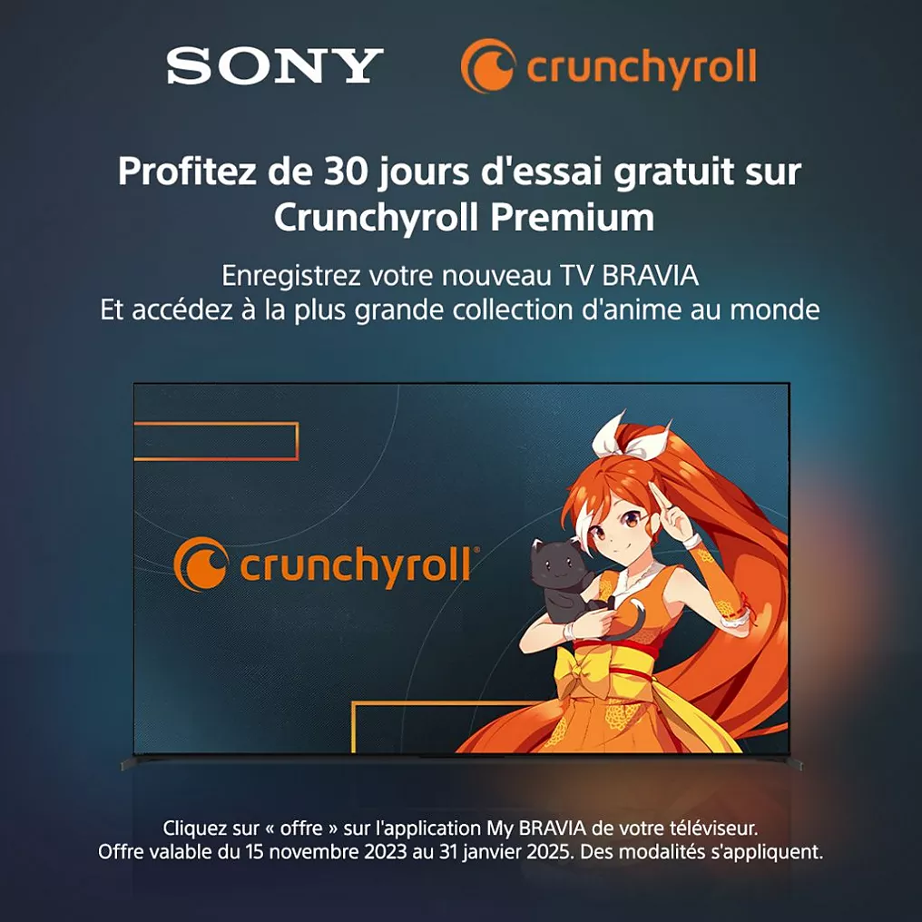 Offre SONY K-77XR8A BRAVIA 8A : Obtenez 30 jours de Crunchyroll Premium gratuit avec votre achat, avec un personnage d'anime à l'écran.