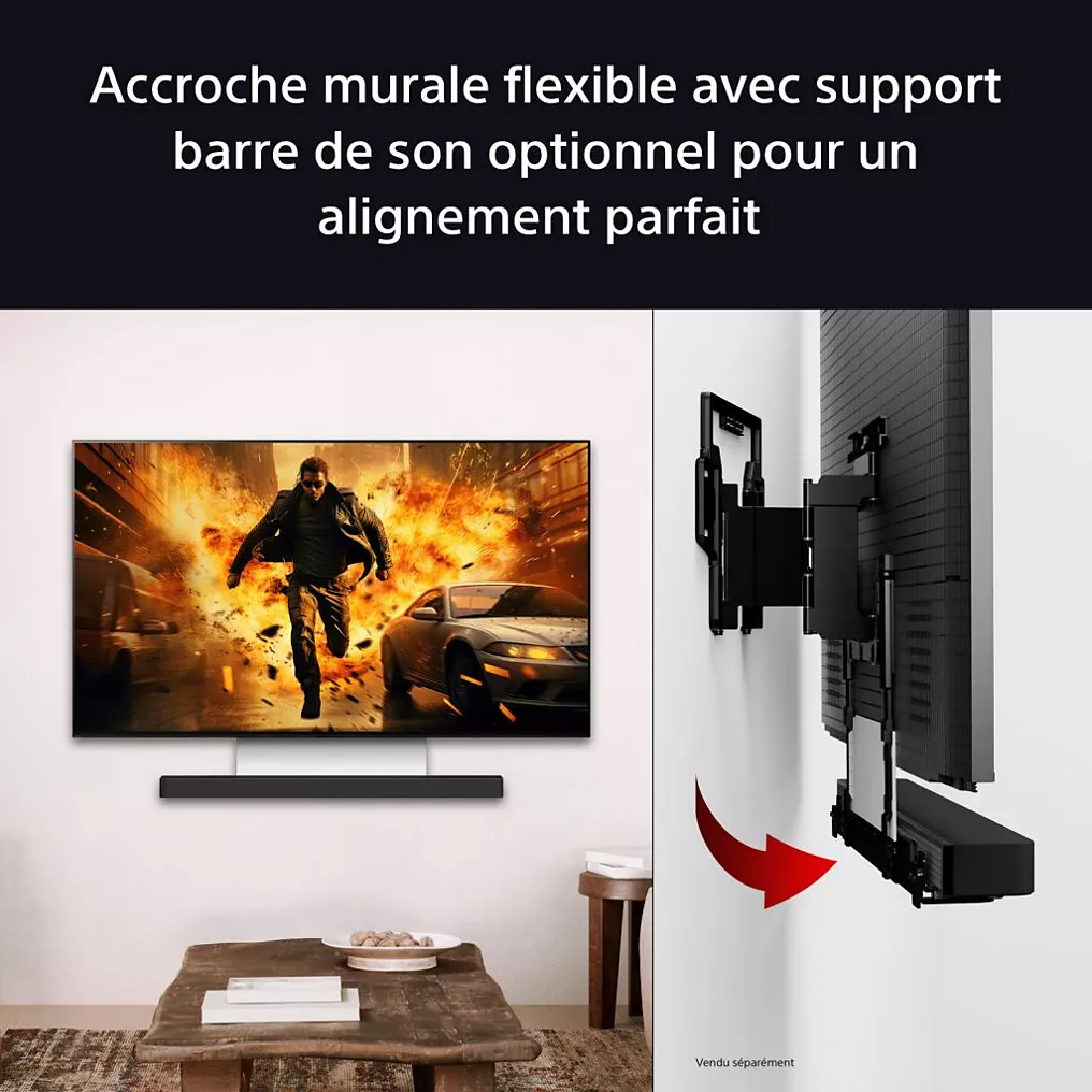 Le téléviseur SONY K-77XR8A BRAVIA 8A est présenté sur un support mural flexible avec support de barre de son en option dans un salon moderne.