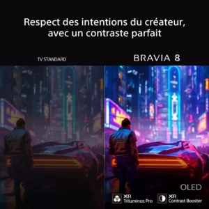 Côte à côte d'un homme près d'une voiture ; côté gauche terne, côté droit vibrant, mettant en évidence les différences de contraste sur le SONY K-77XR8A BRAVIA 8A.