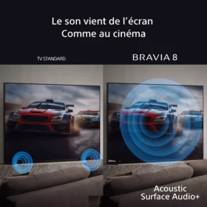 Deux téléviseurs affichent des voitures de course ; des ondes sonores illustrent le fait que le SONY K-77XR8A BRAVIA 8A produit du son directement à partir de son écran.