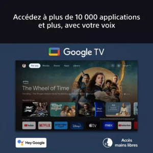 Accueil Google TV affiché à l'écran avec des applications populaires et des instructions d'accès vocal sur le téléviseur SONY K-77XR8A BRAVIA 8A.