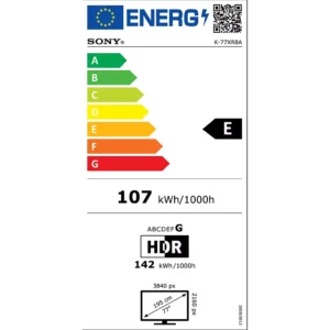 L'étiquette énergétique du téléviseur SONY K-77XR8A BRAVIA 8A indique un classement E, une consommation de 107 kWh/1000h (standard), 142 kWh/1000h (HDR), et un grand écran de 195 cm (77").