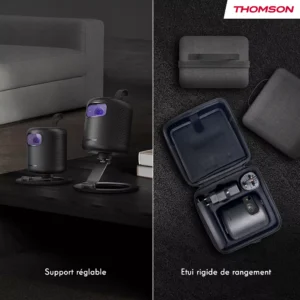 Deux projecteurs noirs THOMSON VEGA PG35B, chacun avec un support et une mallette de rangement, exposés dans un salon moderne.