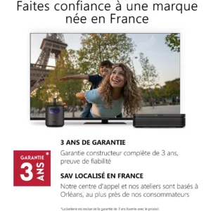 Un téléviseur THOMSON VEGA PG35B montre une famille heureuse à l'extérieur, avec un texte soulignant la garantie de 3 ans et l'assistance clientèle en français.