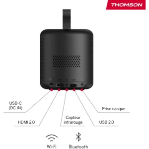 La vue arrière du THOMSON VEGA PG35B montre son design noir avec des ports clairement identifiés pour HDMI, USB, un capteur infrarouge et une prise casque.