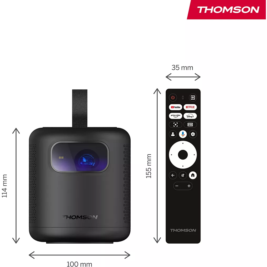 Le THOMSON VEGA PG35B, un projecteur noir avec une poignée, est présenté à côté de sa télécommande, les deux étant affichés à côté de leurs dimensions en millimètres.