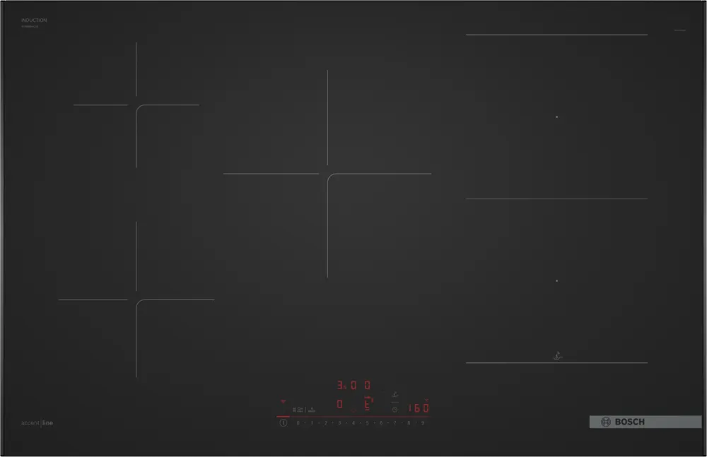 La table de cuisson à induction BOSCH PVW89BHC1E en noir est dotée de commandes tactiles et de quatre zones de cuisson.