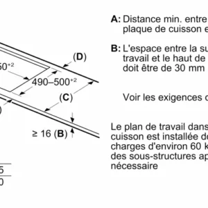 Le diagramme présente les mesures d'installation du four (mm) pour le BOSCH PVW89BHC1E, avec les distances A, B, C, D et E.