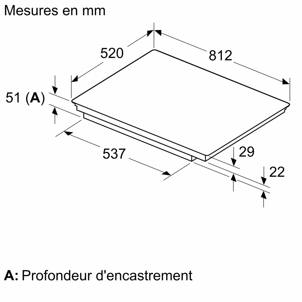Schéma technique de la plaque de cuisson à induction BOSCH PVW89BHC1E, présentant les dimensions étiquetées en millimètres et la profondeur d'installation, avec tous les détails fournis en français.
