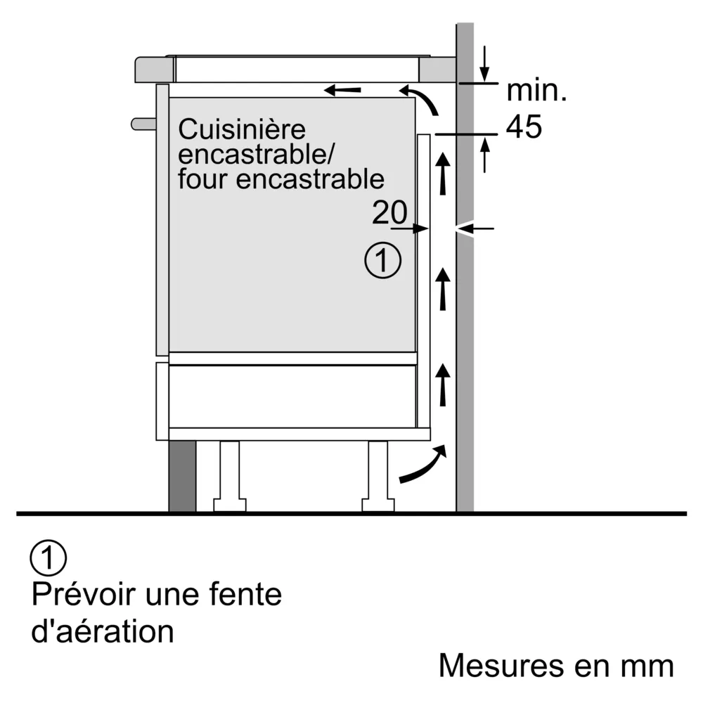 Schéma présentant les espaces de ventilation et les mesures millimétriques pour l'installation d'un four encastré sous la table de cuisson BOSCH PVW89BHC1E.