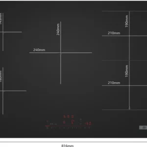 La table de cuisson à induction noire BOSCH PVW89BHC1E offre cinq zones de cuisson marquées, des commandes tactiles pratiques en bas et des mesures claires.