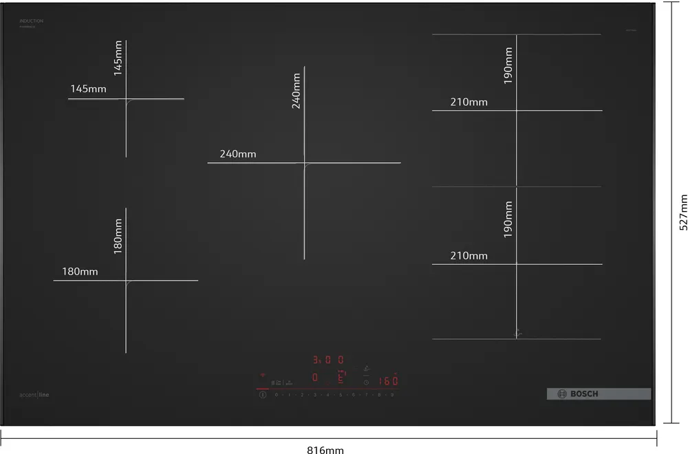 La table de cuisson à induction noire BOSCH PVW89BHC1E offre cinq zones de cuisson marquées, des commandes tactiles pratiques en bas et des mesures claires.