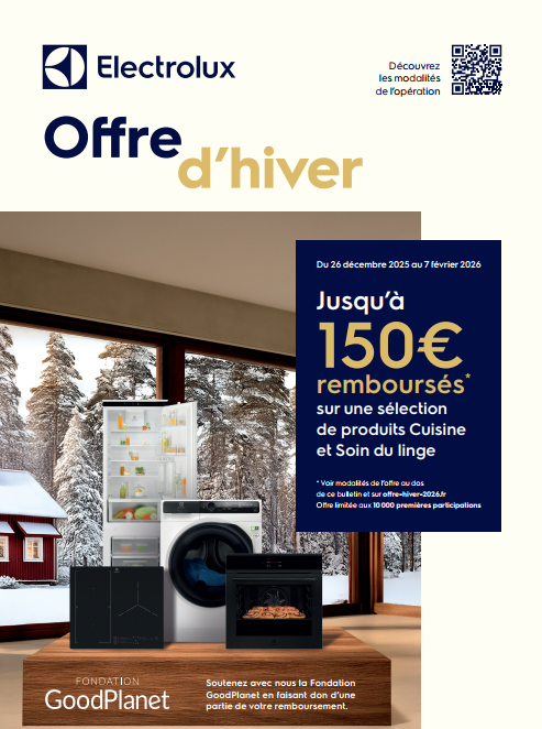 Offre d'hiver ELECTROLUX : jusqu'à 150€ remboursés (ODR) sur les appareils de cuisine et de buanderie, avec images des produits. Offre valable jusqu'à JANV 2026.