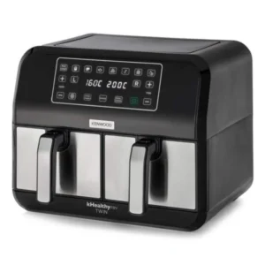 La friteuse KENWOOD HFM20.000MB est une friteuse noire et argentée dotée d'un écran numérique et de deux tiroirs de cuisson extractibles.