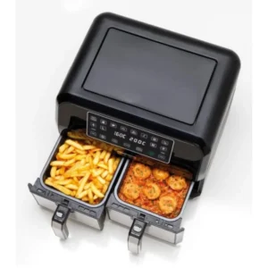 La friteuse KENWOOD HFM20.000MB en noir offre un affichage numérique et deux plateaux, parfaits pour préparer des frites et des crevettes en même temps.