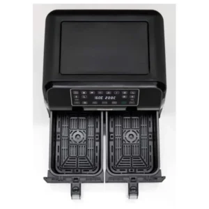 Vue du dessus de la friteuse KENWOOD HFM20.000MB en noir, dotée de deux paniers avec plateaux tirés et d'un panneau de commande numérique visible.