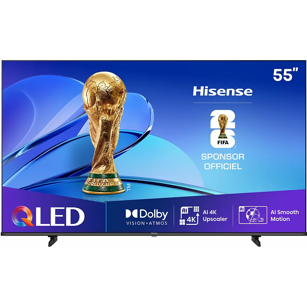 Le HISENSE 55E7Q est doté d'un écran QLED brillant, avec le trophée de la Coupe du Monde de la FIFA et le logo du sponsor.