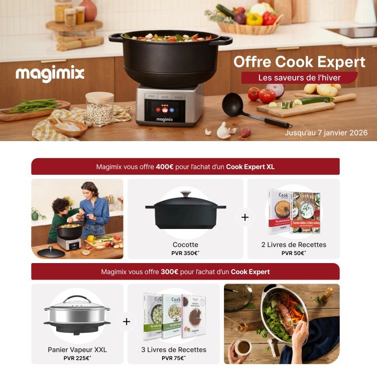 Une OFFRE MAGIMIX COOK EXPERT présentant des images de l'appareil, des livres de recettes et des accessoires joliment disposés dans une cuisine moderne.
