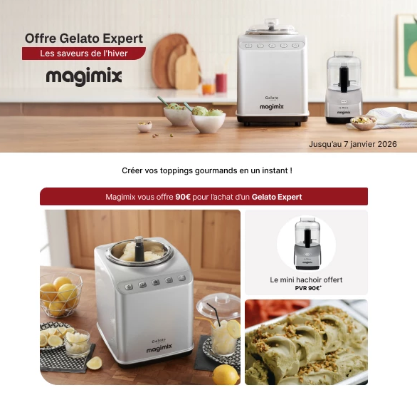 La sorbetière Magimix Gelato Expert avec ses bols de gelato et son mini hachoir sur le comptoir de la cuisine - découvrez la magie des gourmandises faites maison avec cette offre exclusive.