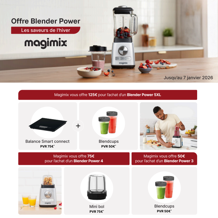 Blender MAGIMIX POWER BLENDER sur un comptoir avec offre promotionnelle spéciale août 2025 et accessoires affichés en dessous.